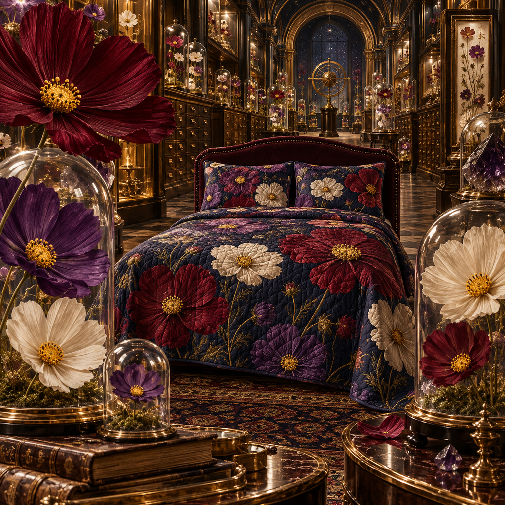 One quilted bedding set with an original Cosmos Curator Birthday Reliquary, specimen flowers and luminous collector-gallery depth.