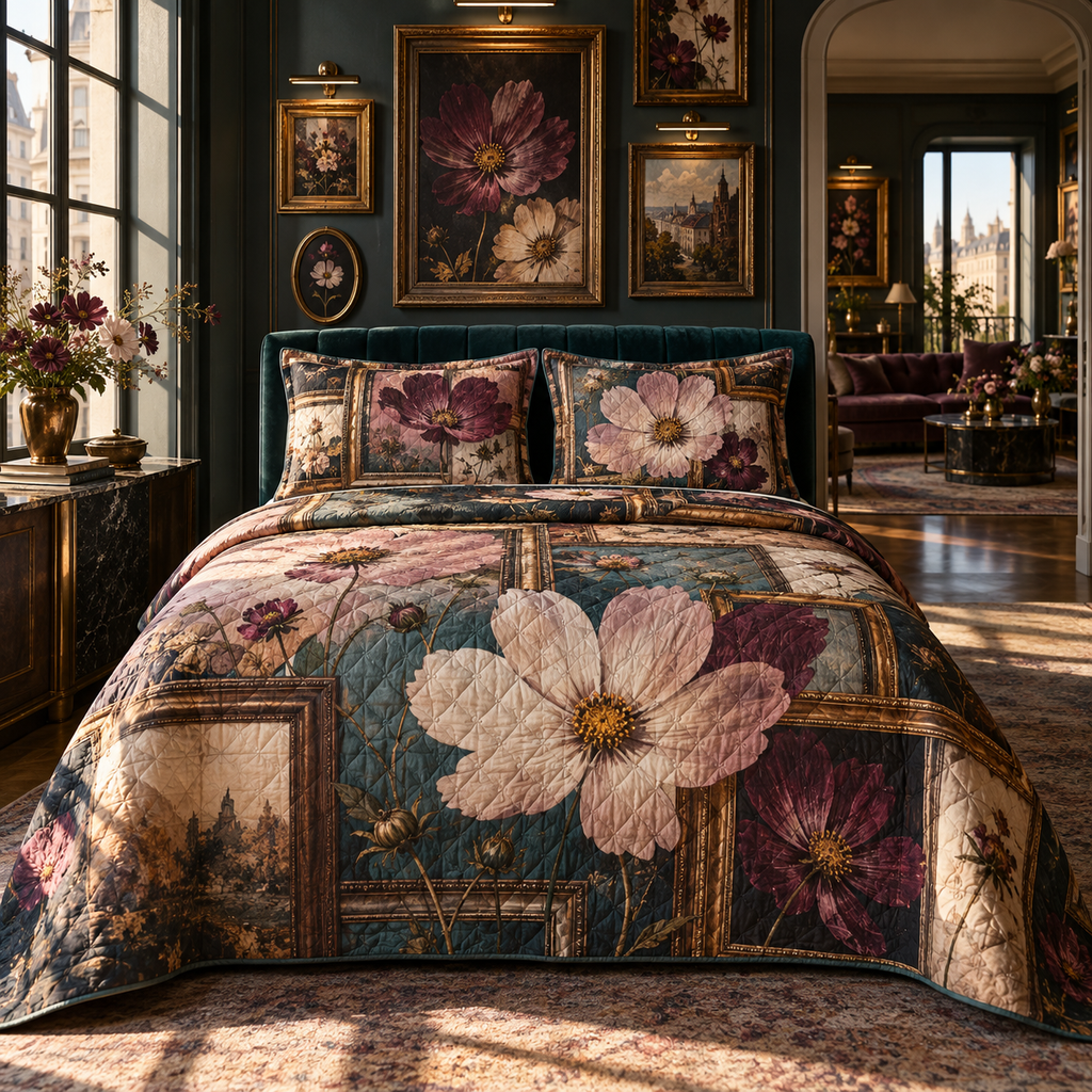 One quilted bedding set with an original Cosmos Floating Salon Gallery, specimen flowers and luminous collector-gallery depth.