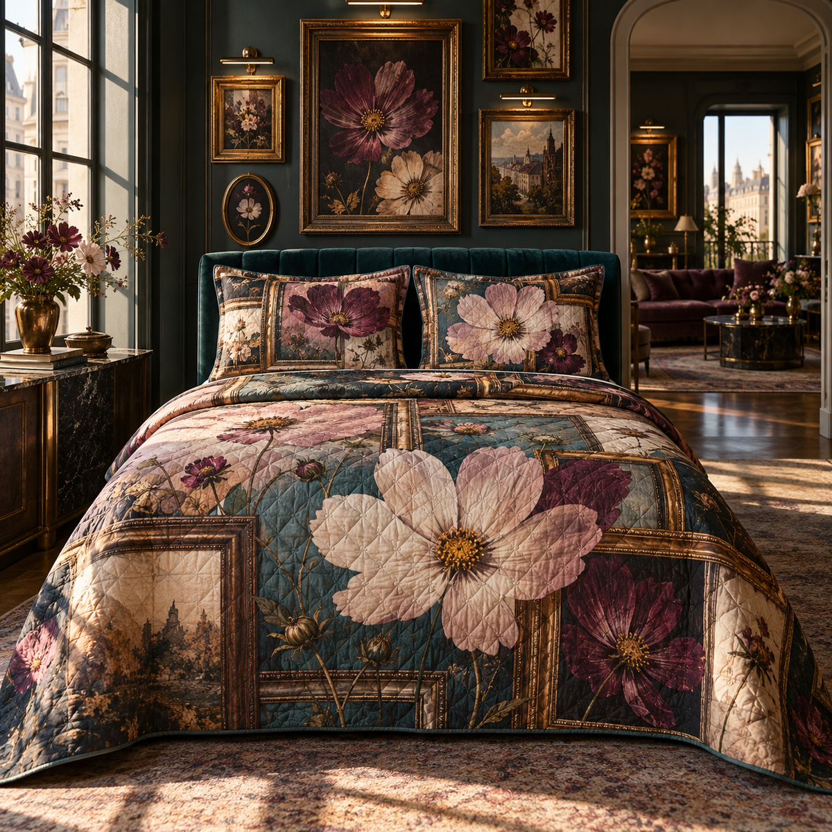 One quilted bedding set with an original Cosmos Floating Salon Gallery, specimen flowers and luminous collector-gallery depth.