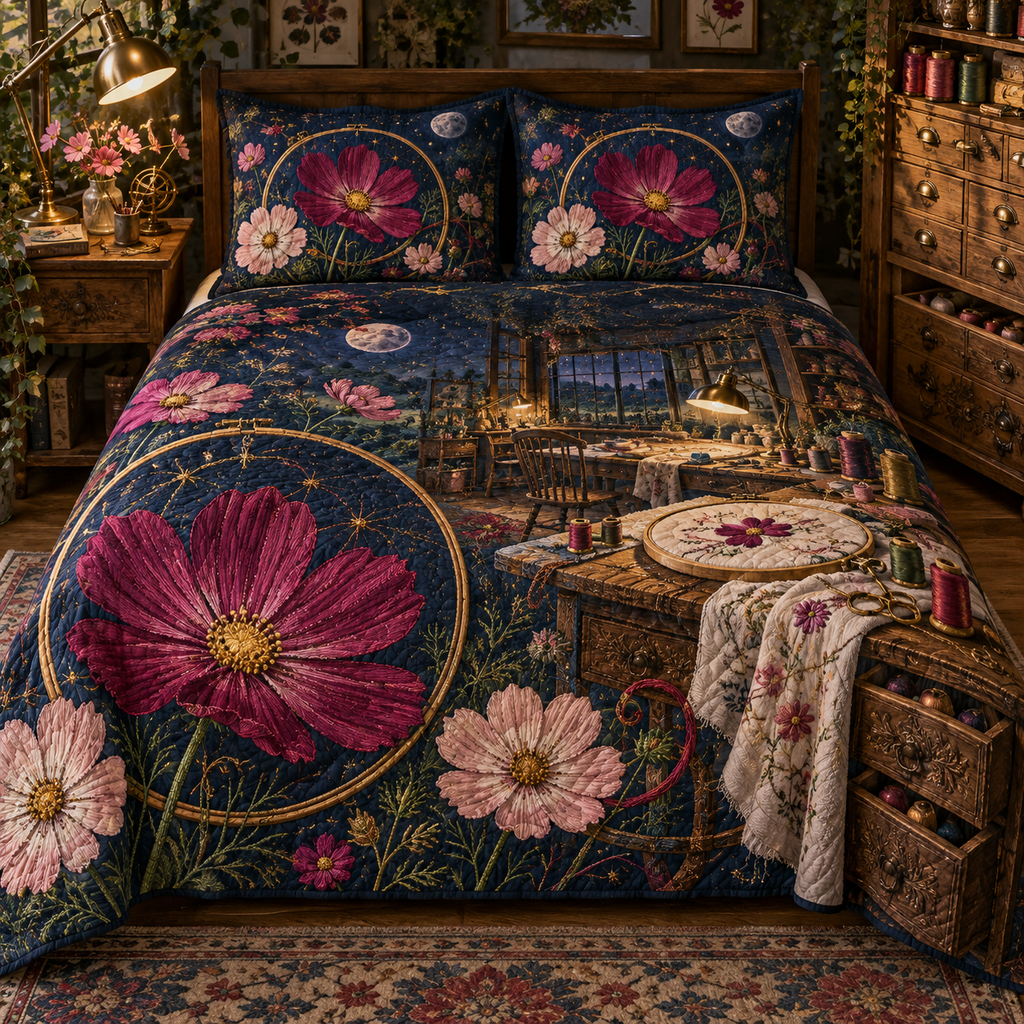 One quilted bedding set with an original Cosmos Threadlight Maker Atelier, specimen flowers and luminous collector-gallery depth.
