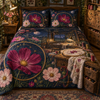 One quilted bedding set with an original Cosmos Threadlight Maker Atelier, specimen flowers and luminous collector-gallery depth.