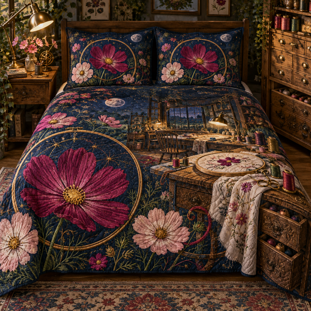 One quilted bedding set with an original Cosmos Threadlight Maker Atelier, specimen flowers and luminous collector-gallery depth.