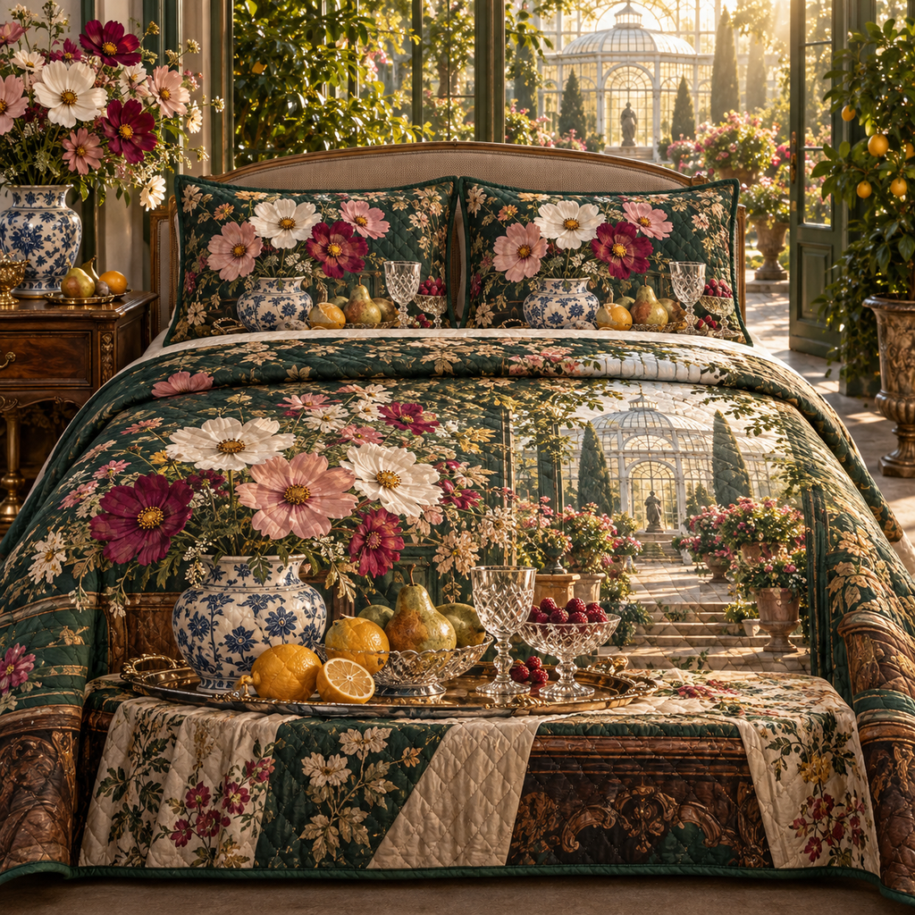 One quilted bedding set with an original Cosmos Welcome Table Gratitude Conservatory and luminous hospitality depth.