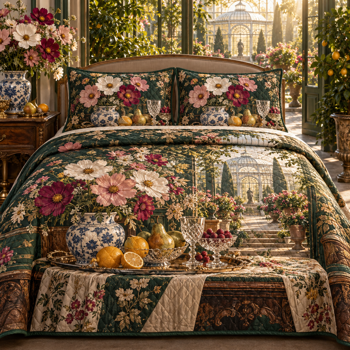 One quilted bedding set with an original Cosmos Welcome Table Gratitude Conservatory and luminous hospitality depth.