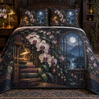 One quilted bedding set with an original Orchid Moonlamp Bibliotheca Nook and deep literary moonlight.