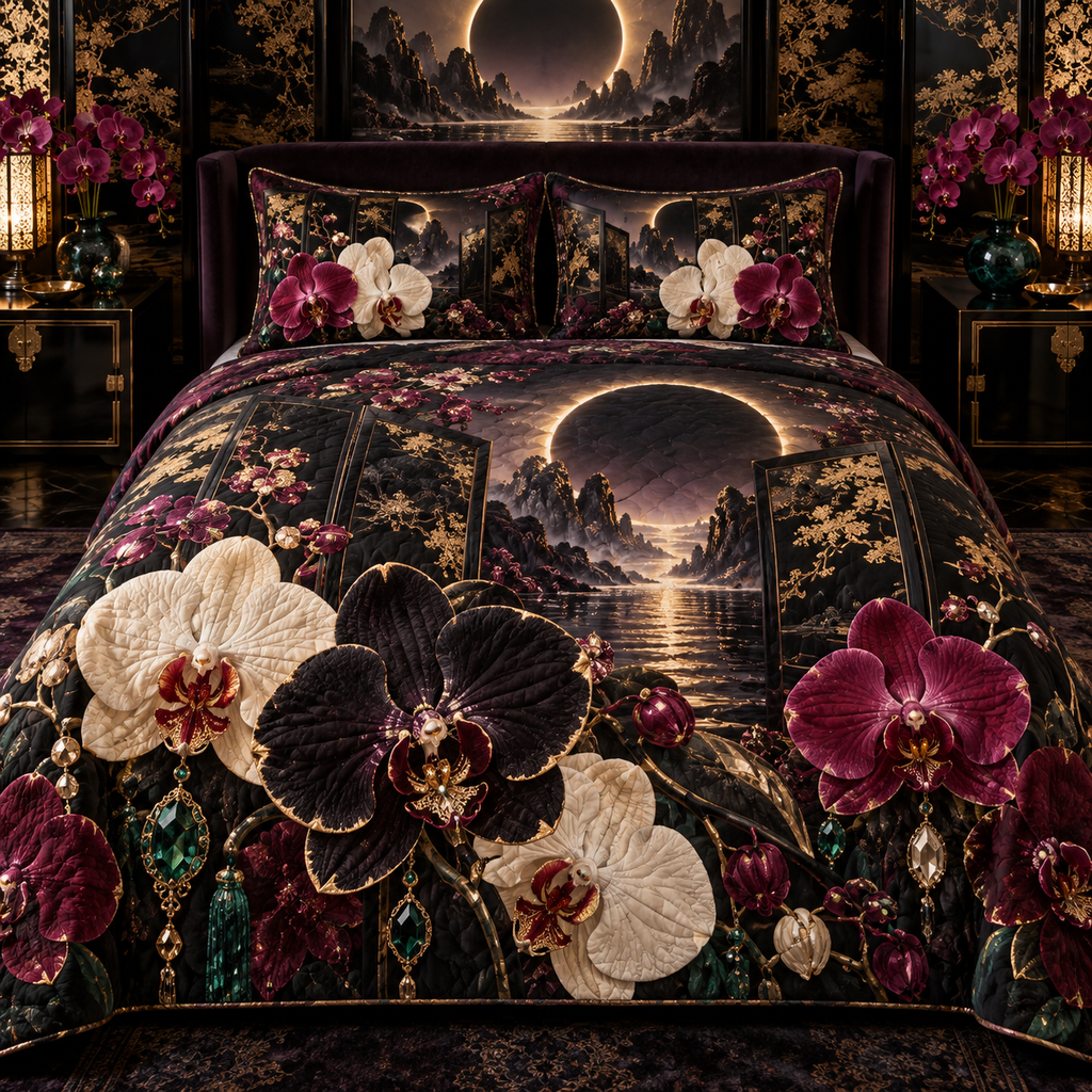 One quilted bedding set with an original Orchid Gilded Eclipse Boudoir and monumental jewel depth.
