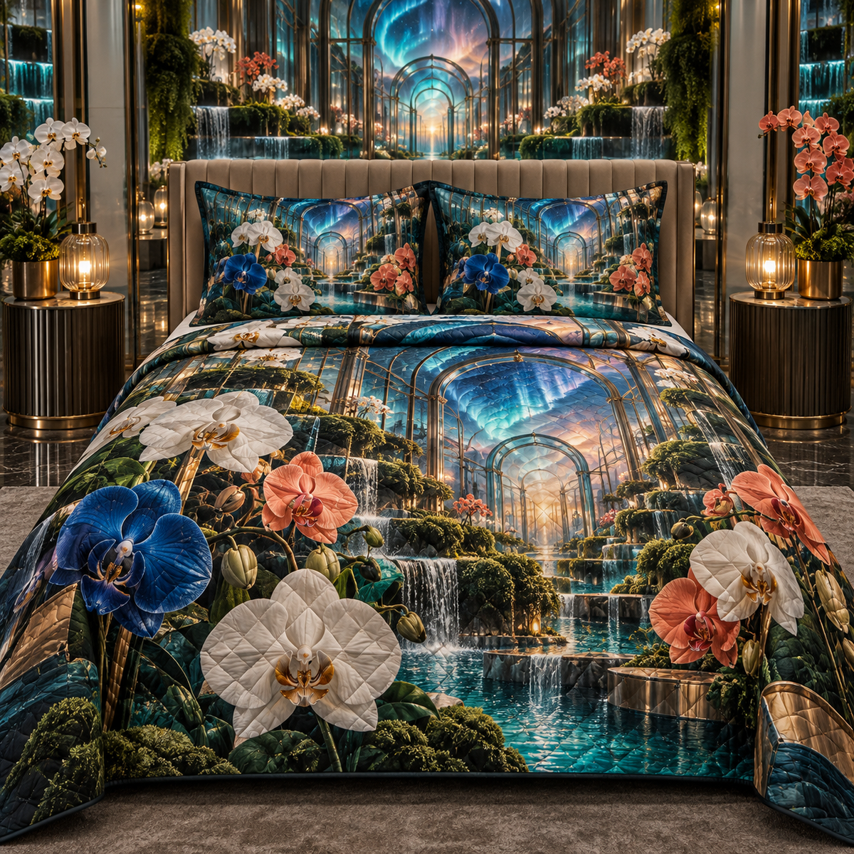 One quilted bedding set with an original Orchid Auroraglass Atrium Salon and monumental jewel depth.