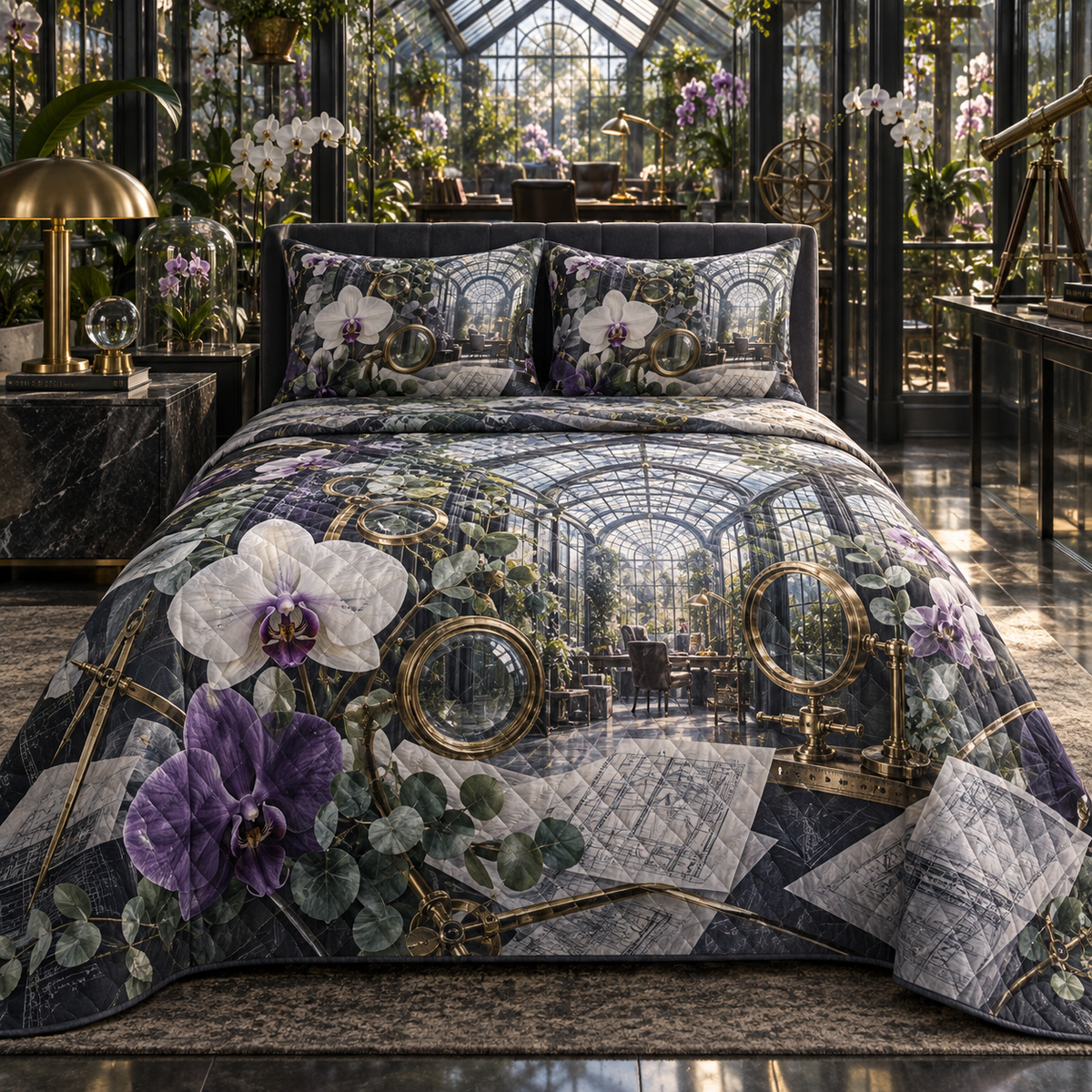 One quilted bedding set with an original Orchid Precisionlight Executive Conservatory and monumental jewel depth.