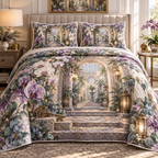 One quilted bedding set with an original Orchid Welcomeglass Atrium, layered flowers and luminous new-home depth.