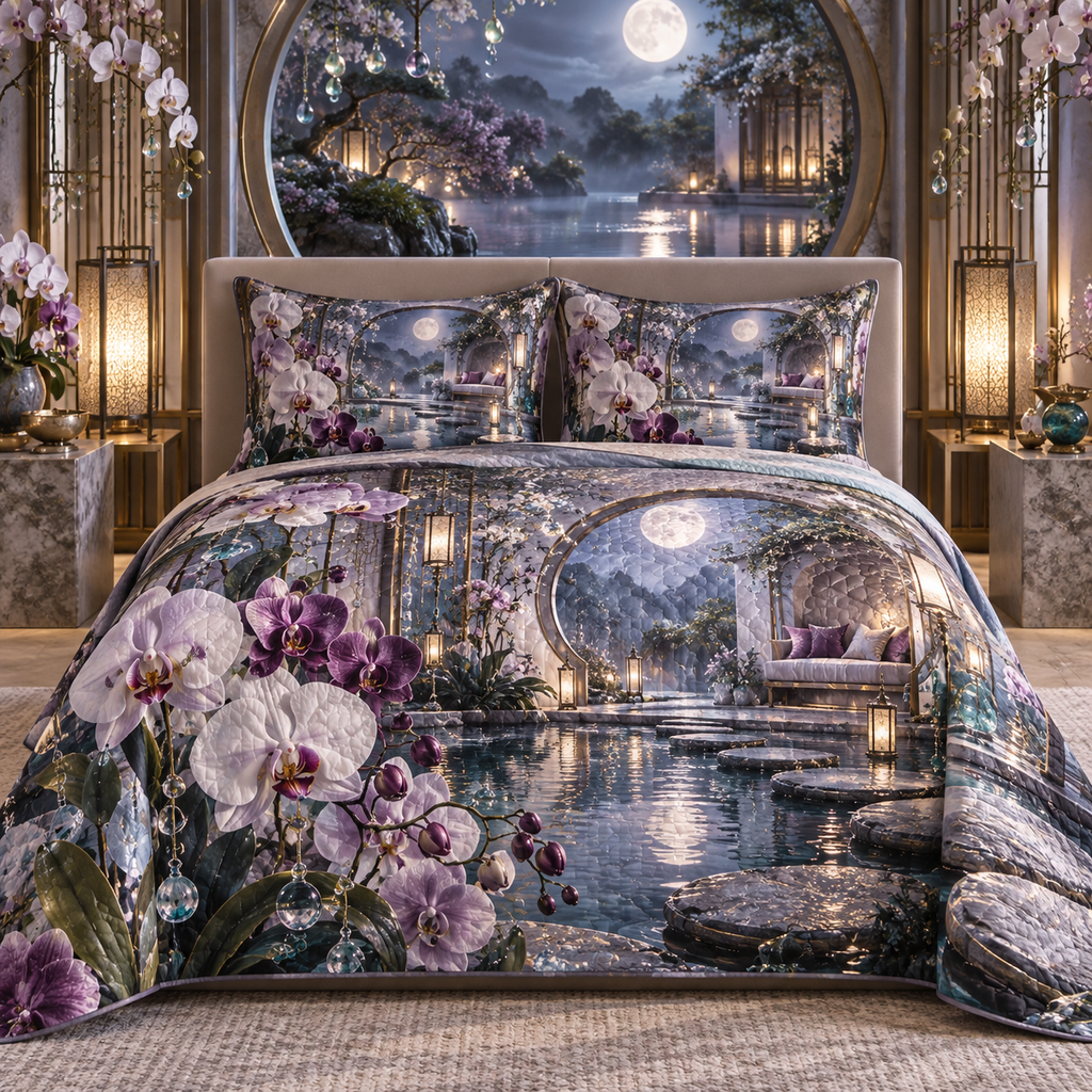 One quilted bedding set with an original Orchid Stillwater Moonlit Alcove and serene optical depth.