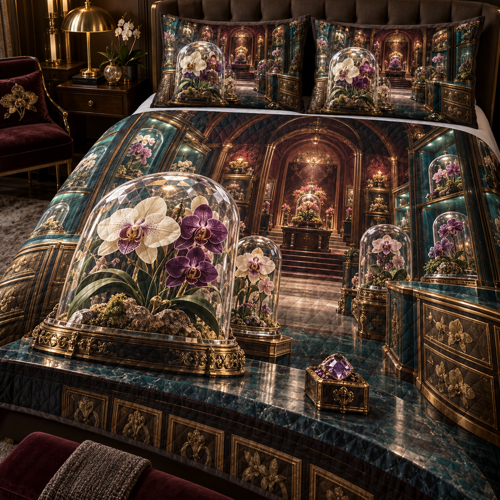 One quilted bedding set with an original Orchid Curator Crystal Cabinet and deep collector-gallery illusion.