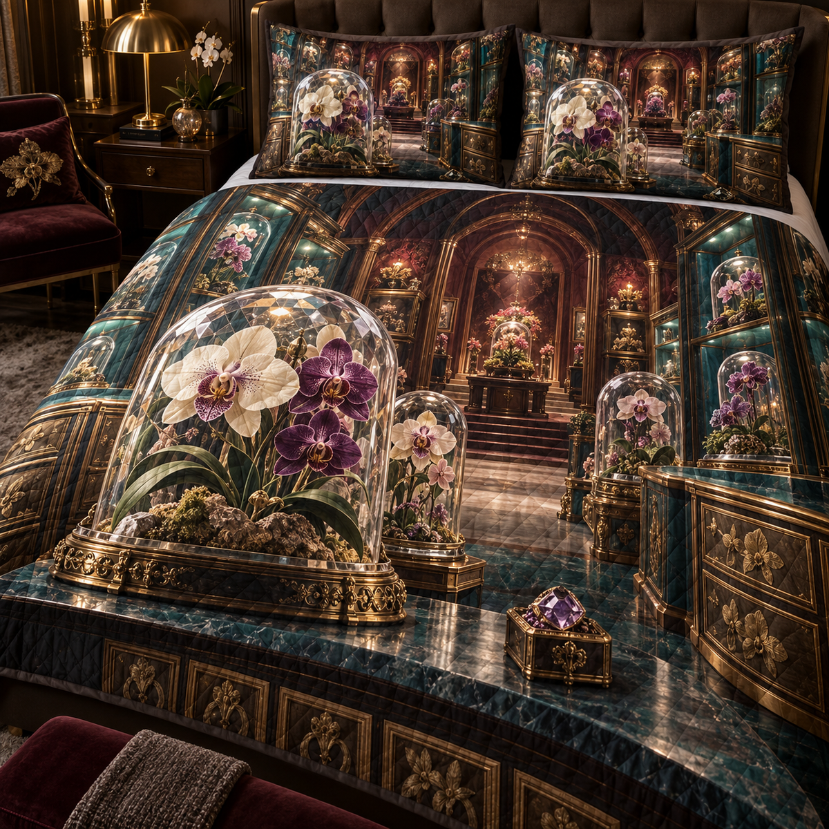 One quilted bedding set with an original Orchid Curator Crystal Cabinet and deep collector-gallery illusion.