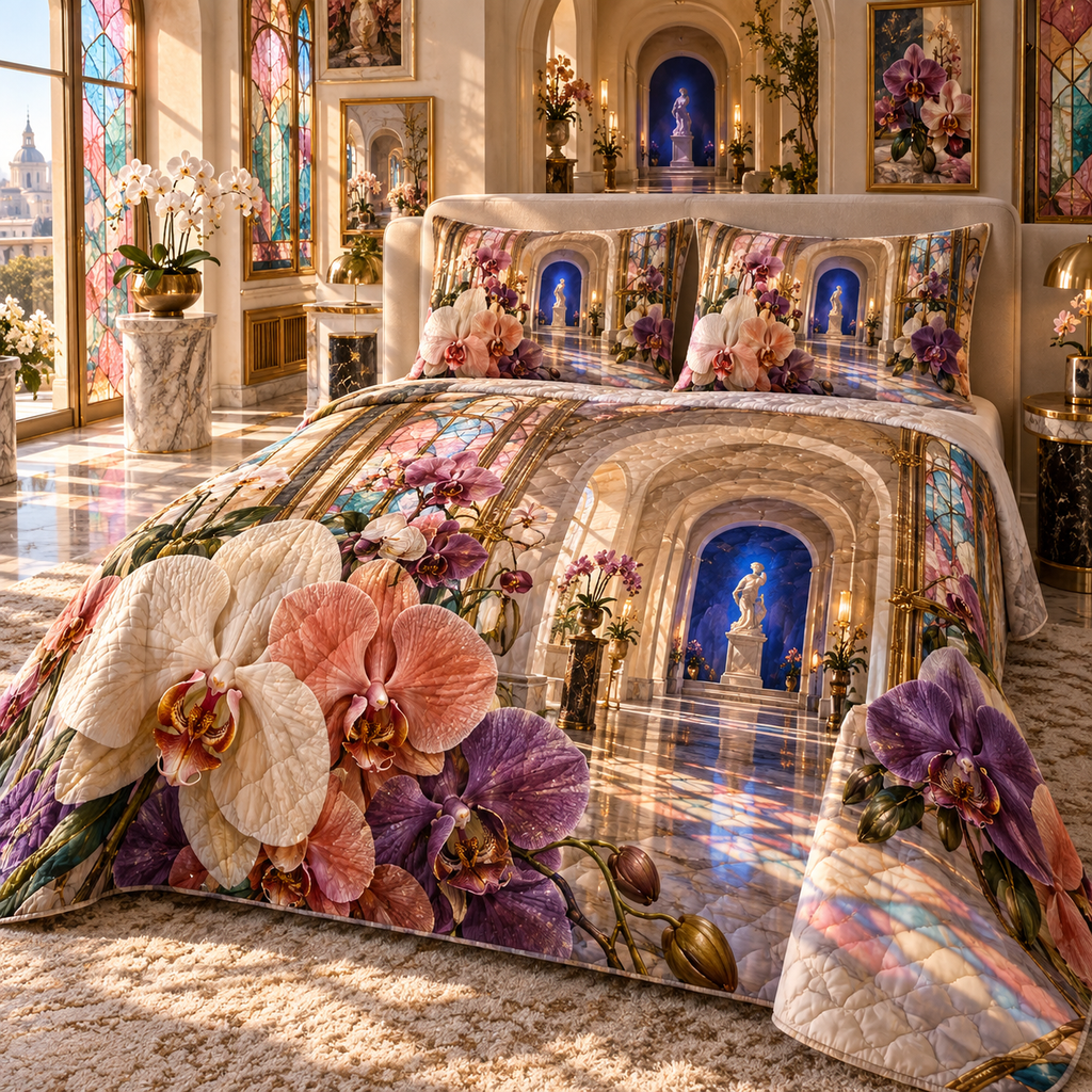 One quilted bedding set with an original Orchid Prism Salon Gallery and luminous optical depth.