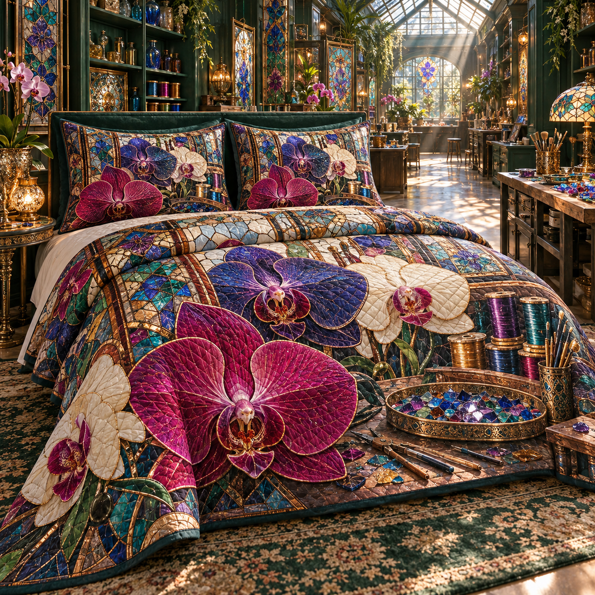 One quilted bedding set with an original Orchid Artisan Glasswork Atelier and deep crafted illusion.