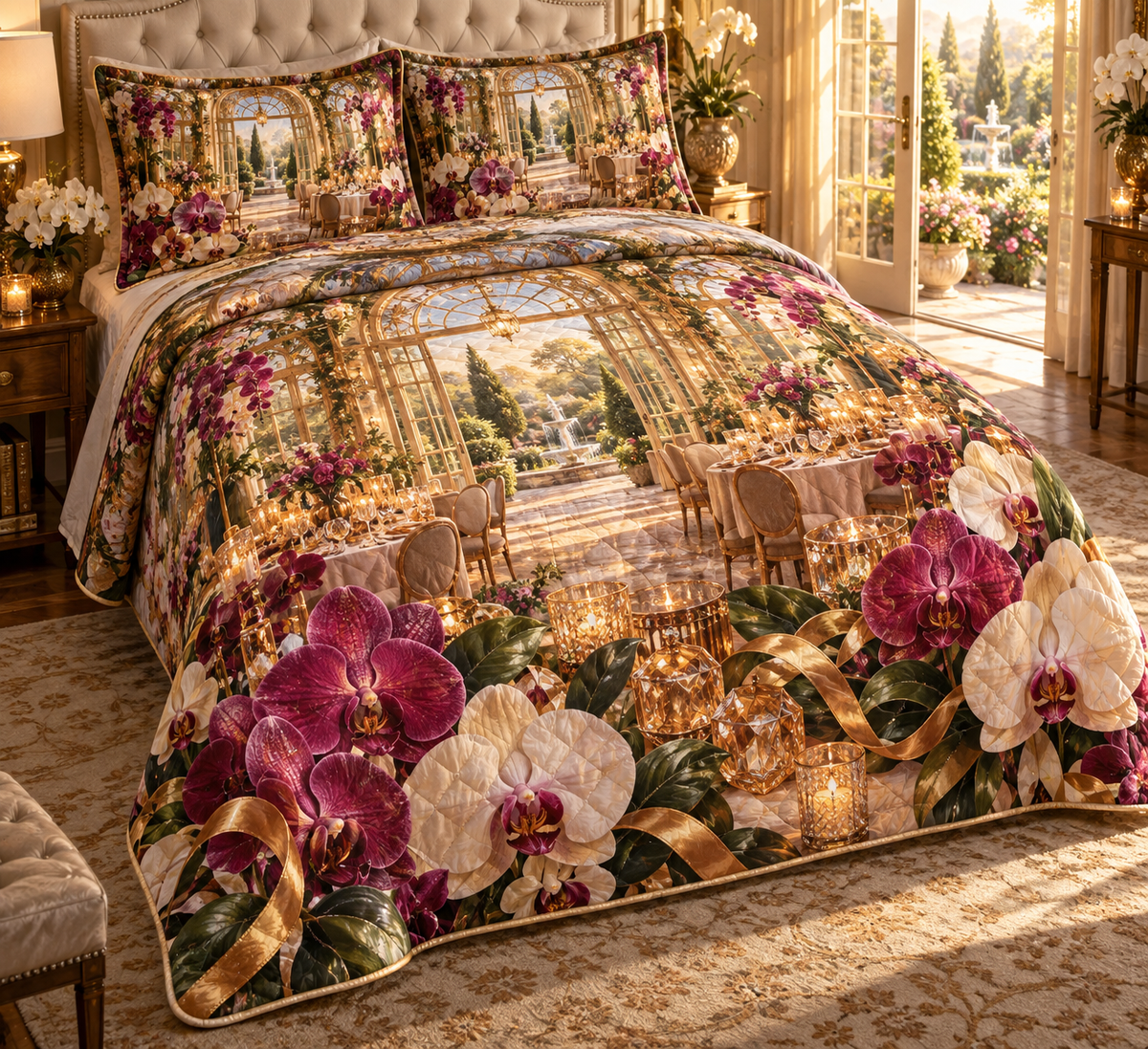One quilted bedding set with an original Orchid Gilded Hospitality Pavilion and deep host-gift illusion.