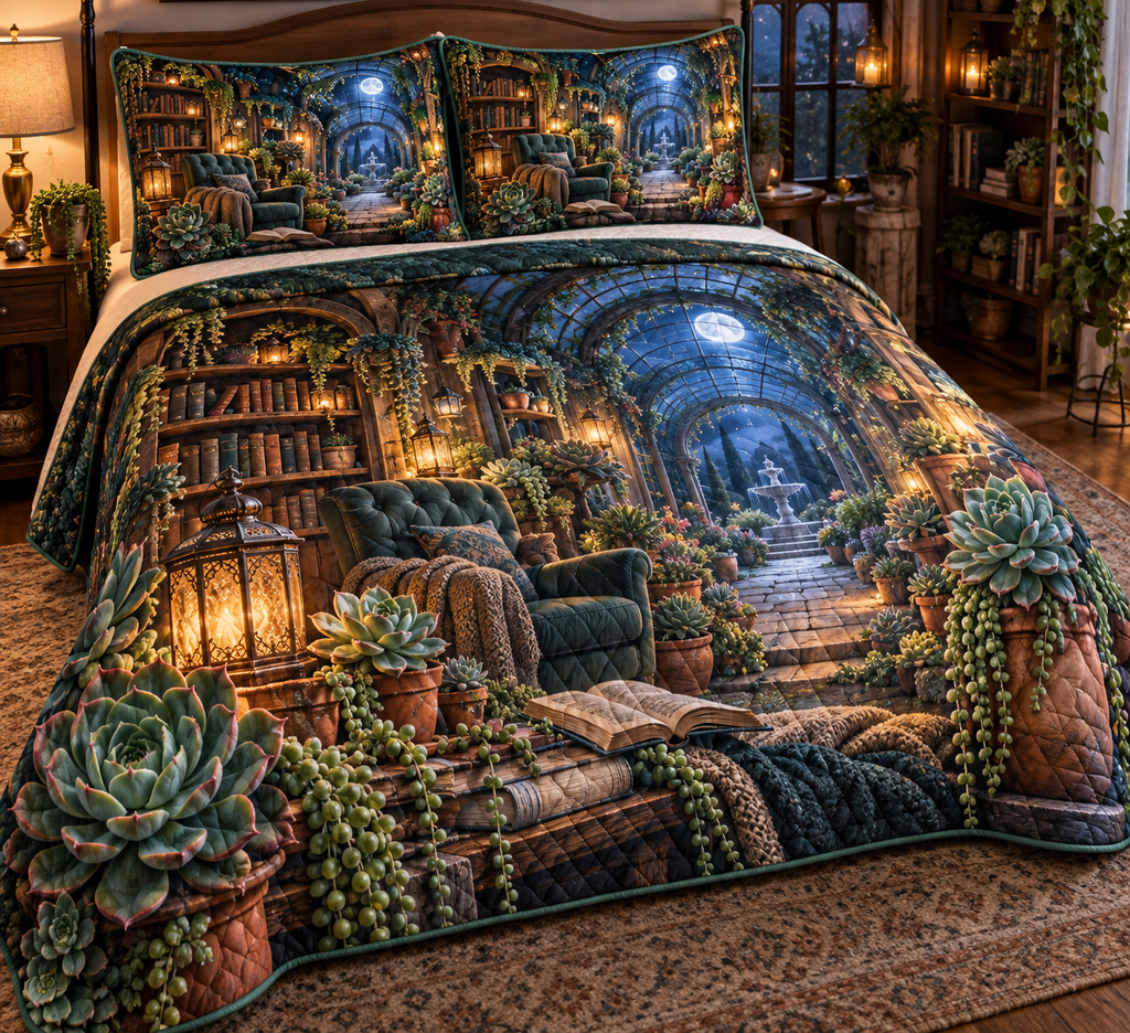 One quilted bedding set with an original Succulent Lanternleaf Reading Grotto and deep moonlit illusion.