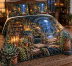 One quilted bedding set with an original Succulent Lanternleaf Reading Grotto and deep moonlit illusion.