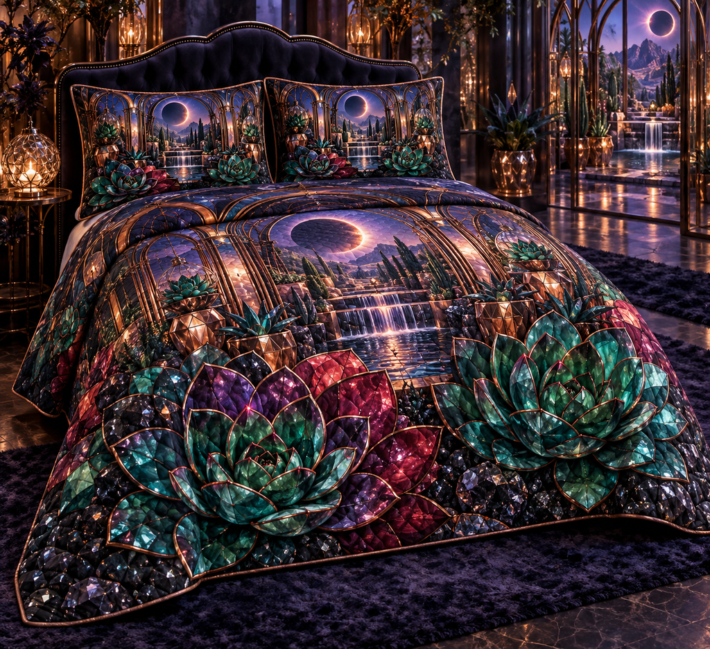 One quilted bedding set with an original Succulent Prism Eclipse Boudoir and deep jewel illusion.