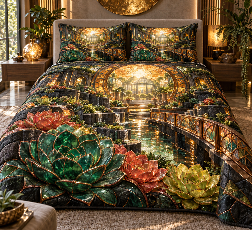One quilted bedding set with an original Succulent Sunvault Grand Salon and deep biophilic illusion.