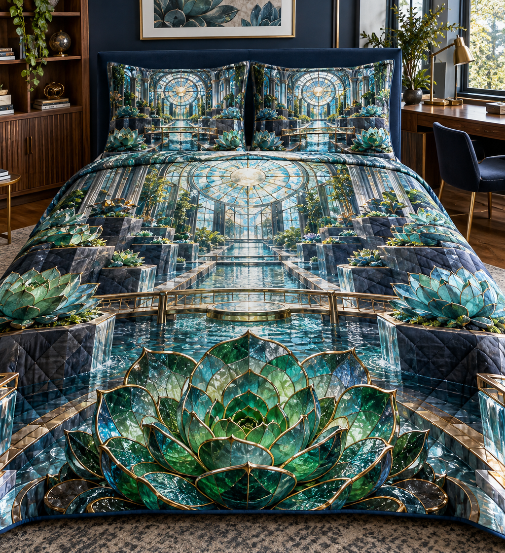 One quilted bedding set with an original Succulent Meridian Glasswork Study and deep biophilic illusion.