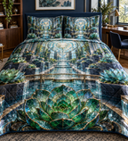 One quilted bedding set with an original Succulent Meridian Glasswork Study and deep biophilic illusion.