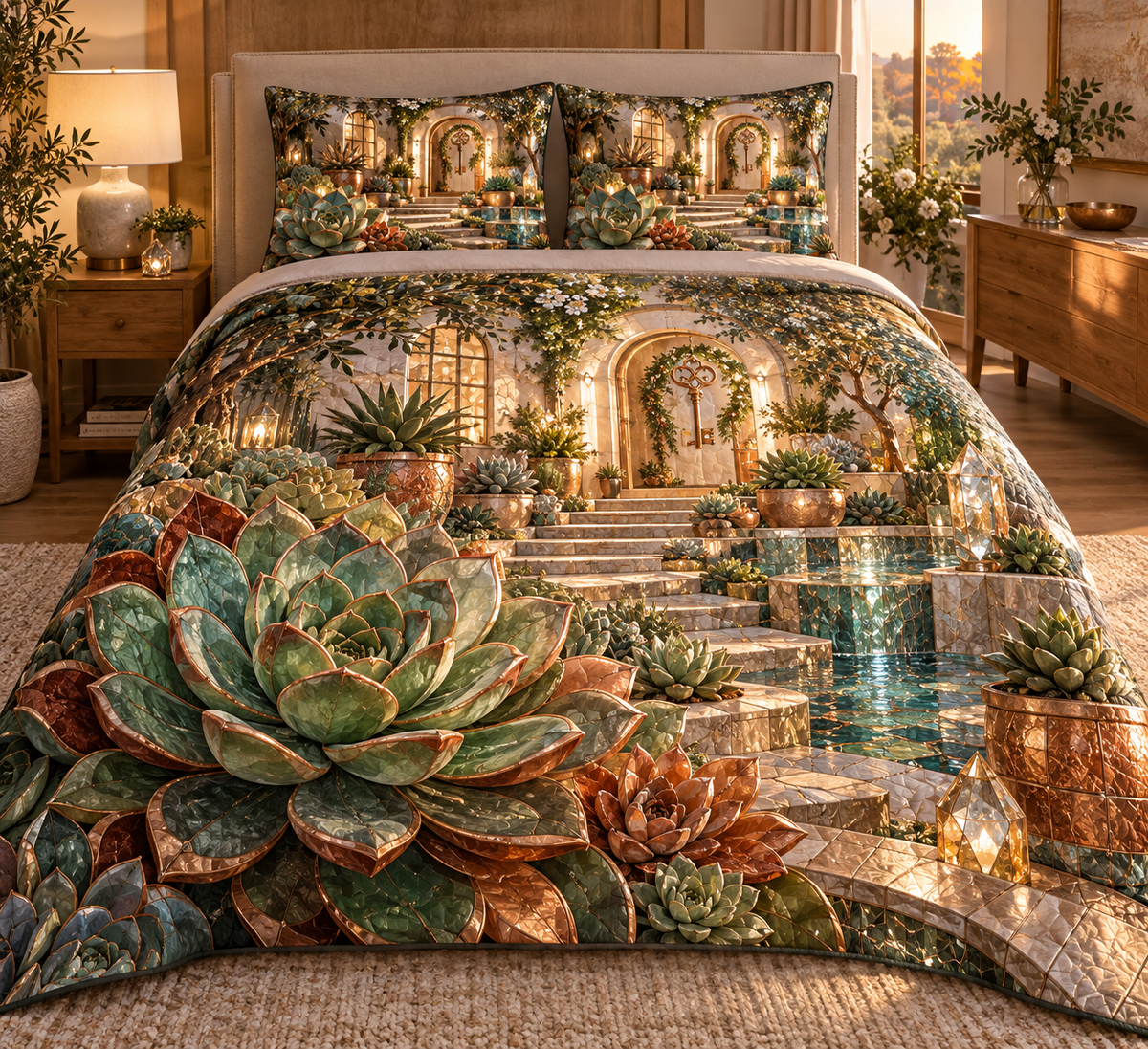 One quilted bedding set with an original Succulent Newroot Crystal Courtyard and deep biophilic illusion.