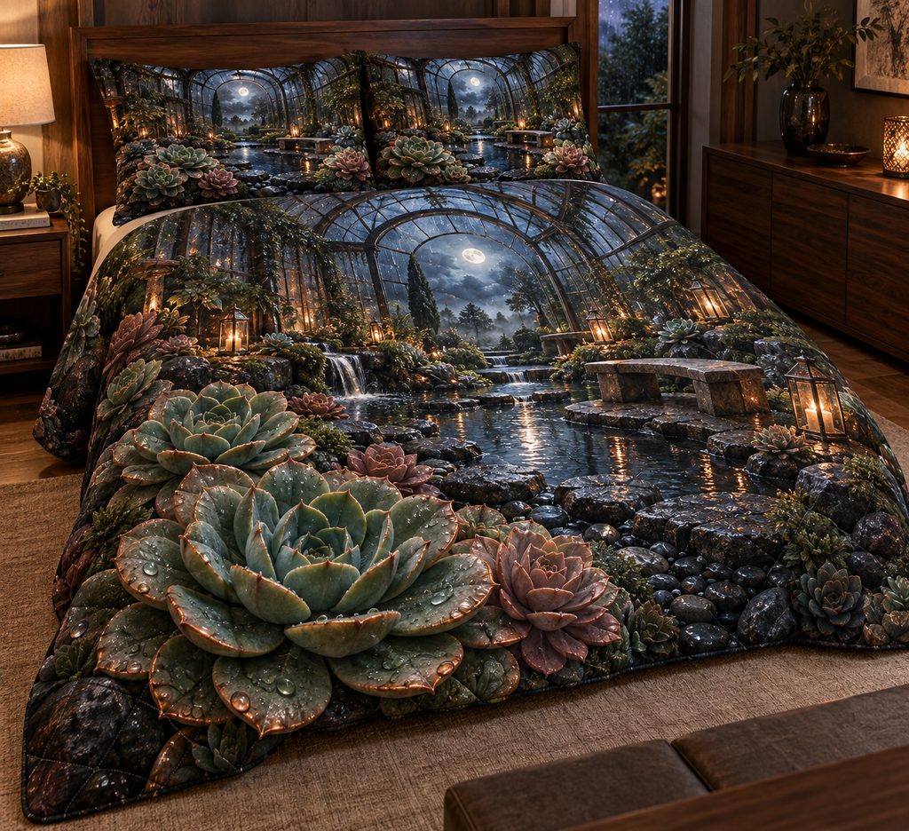 One quilted bedding set with an original Succulent Hushglass Raincourt and deep biophilic illusion.
