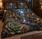 One quilted bedding set with an original Succulent Hushglass Raincourt and deep biophilic illusion.