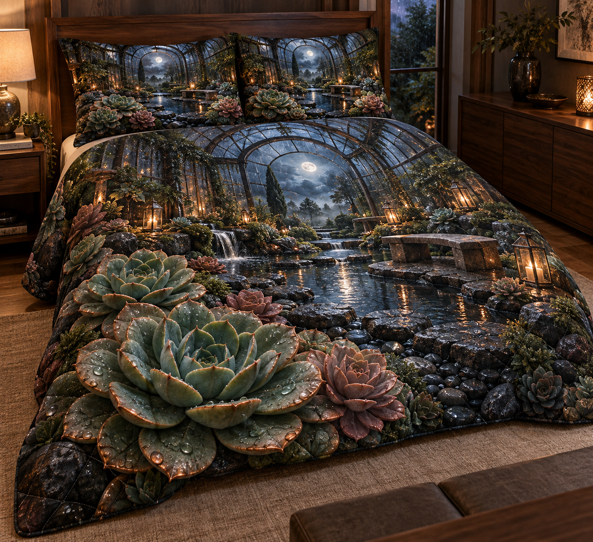 One quilted bedding set with an original Succulent Hushglass Raincourt and deep biophilic illusion.