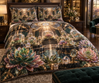 One quilted bedding set with an original Succulent Jubilee Gemvault and deep biophilic illusion.