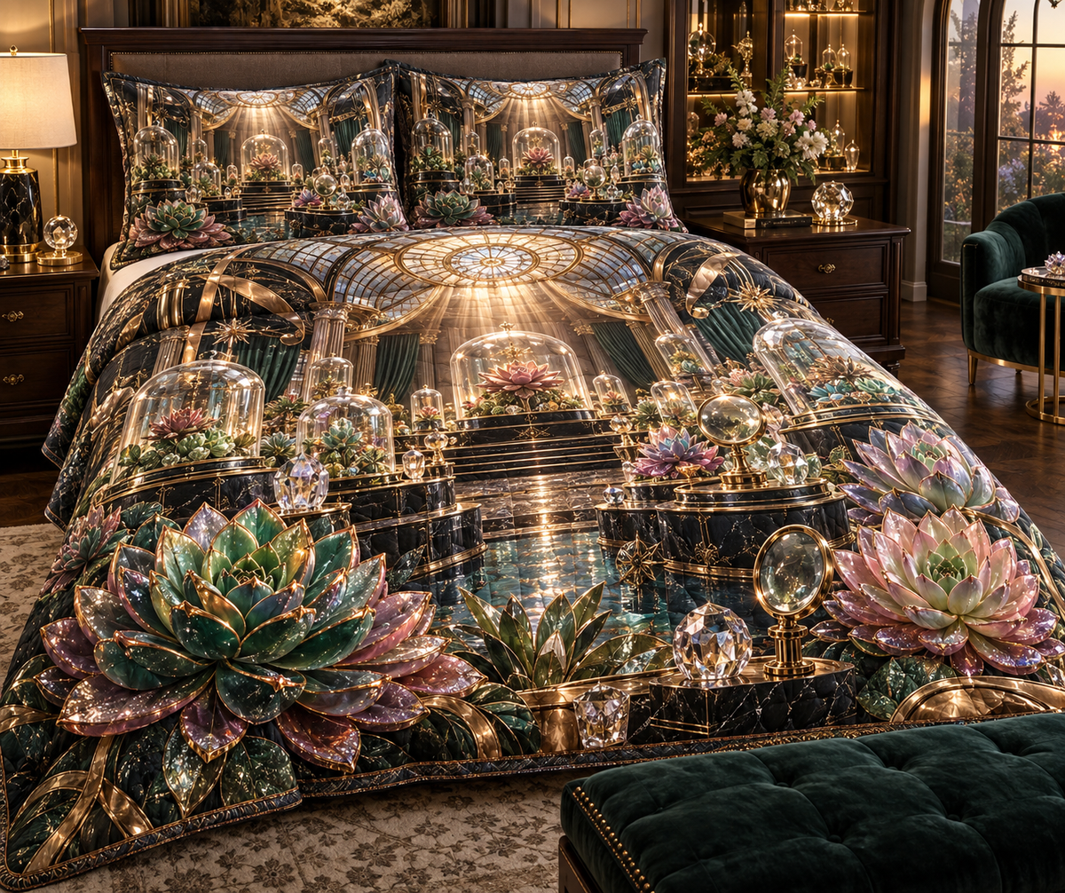 One quilted bedding set with an original Succulent Jubilee Gemvault and deep biophilic illusion.