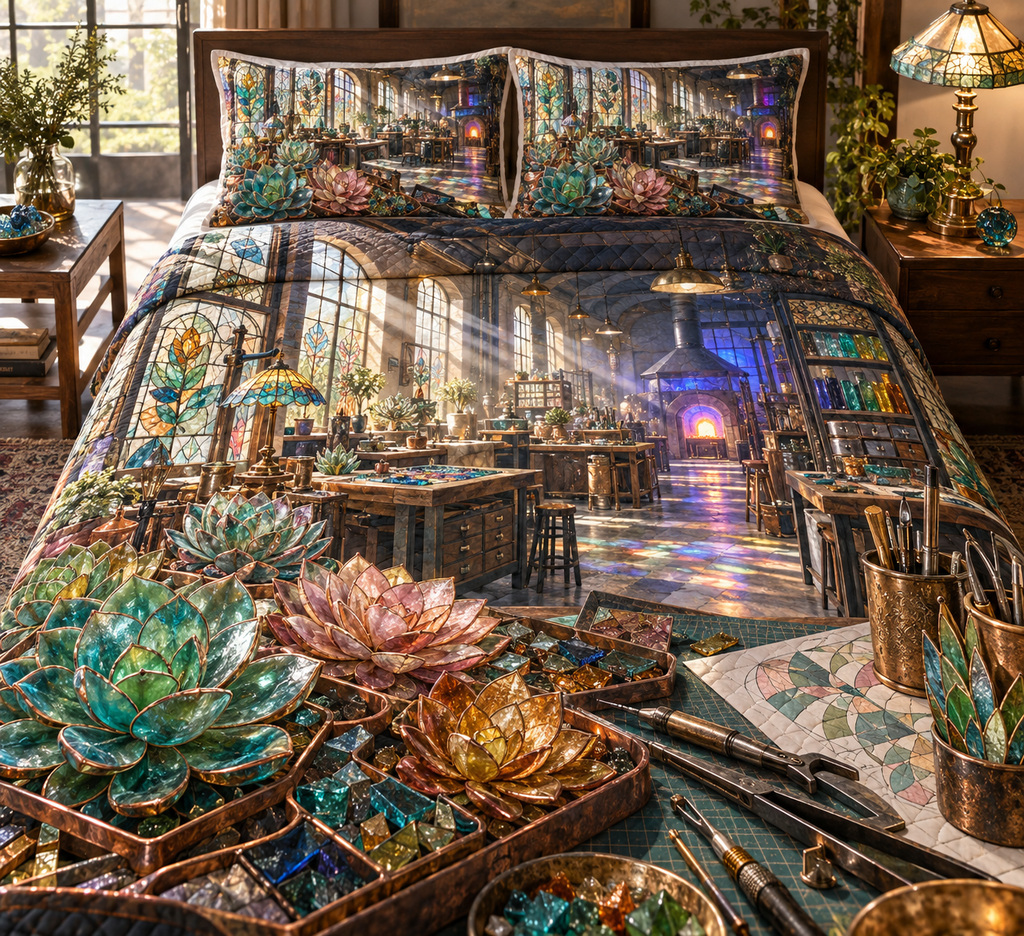 One quilted bedding set with an original Succulent Glassmaker Mosaic Atelier and maximum optical depth.
