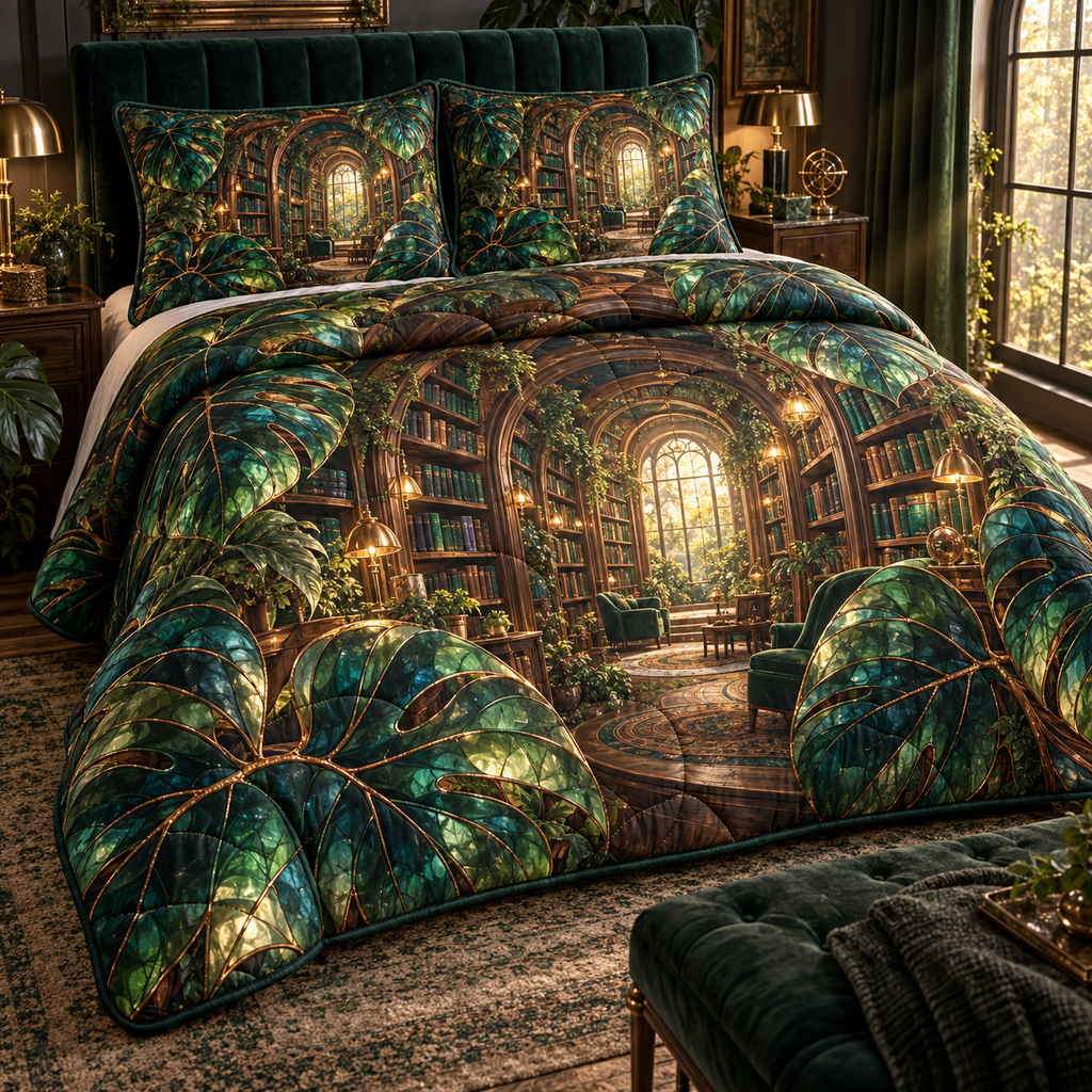 One quilted bedding set with an original Monstera Lumenleaf Library Grotto and deep botanical-library illusion.