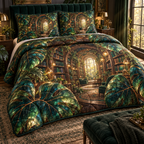 One quilted bedding set with an original Monstera Lumenleaf Library Grotto and deep botanical-library illusion.