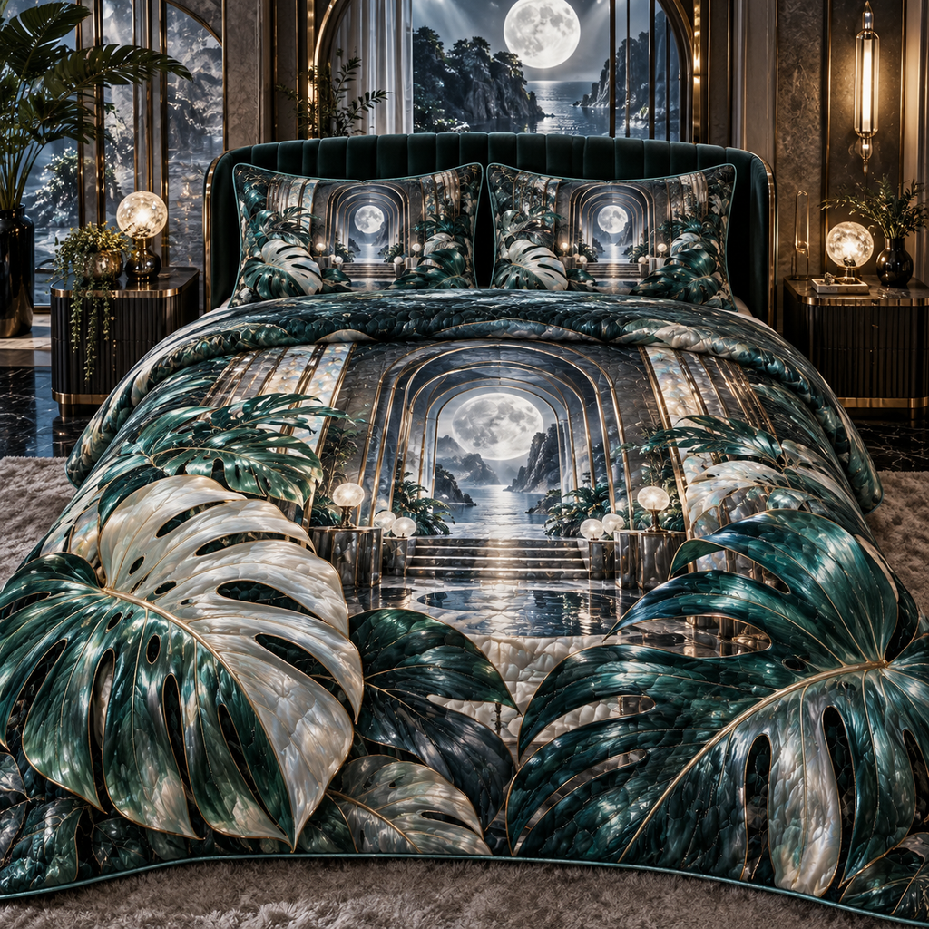 One quilted bedding set with an original Monstera Moonvault Opal Canopy and maximum optical depth.
