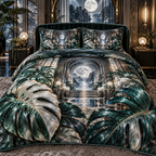 One quilted bedding set with an original Monstera Moonvault Opal Canopy and maximum optical depth.