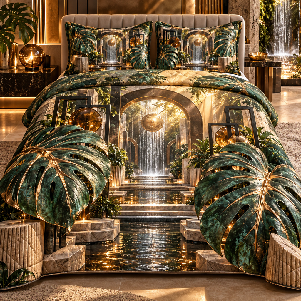 One quilted bedding set with an original Monstera Titanleaf Waterwall Salon and maximum optical depth.