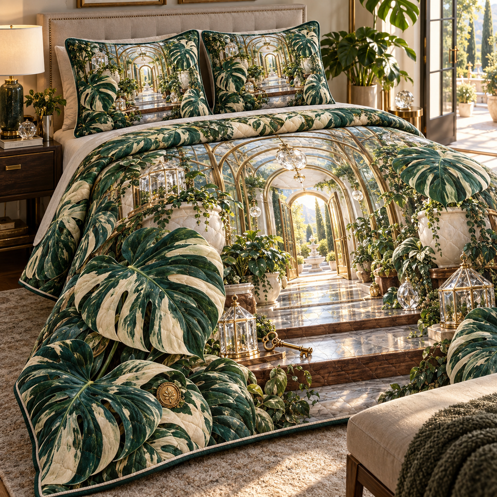 One quilted bedding set with an original Monstera Newroot Crystal Courtyard and deep new-home conservatory illusion.