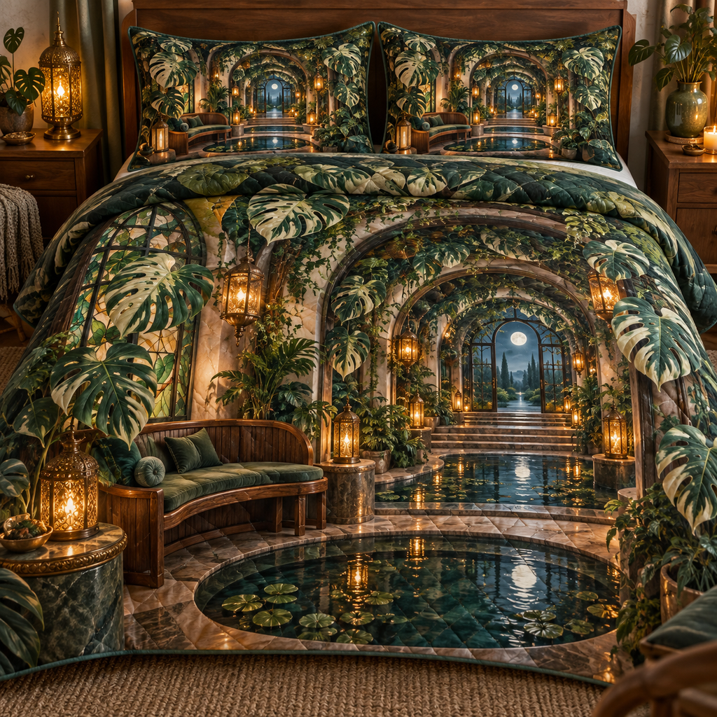 One quilted bedding set with an original Monstera Stillwater Lantern Alcove and deep moonlit quiet-corner illusion.