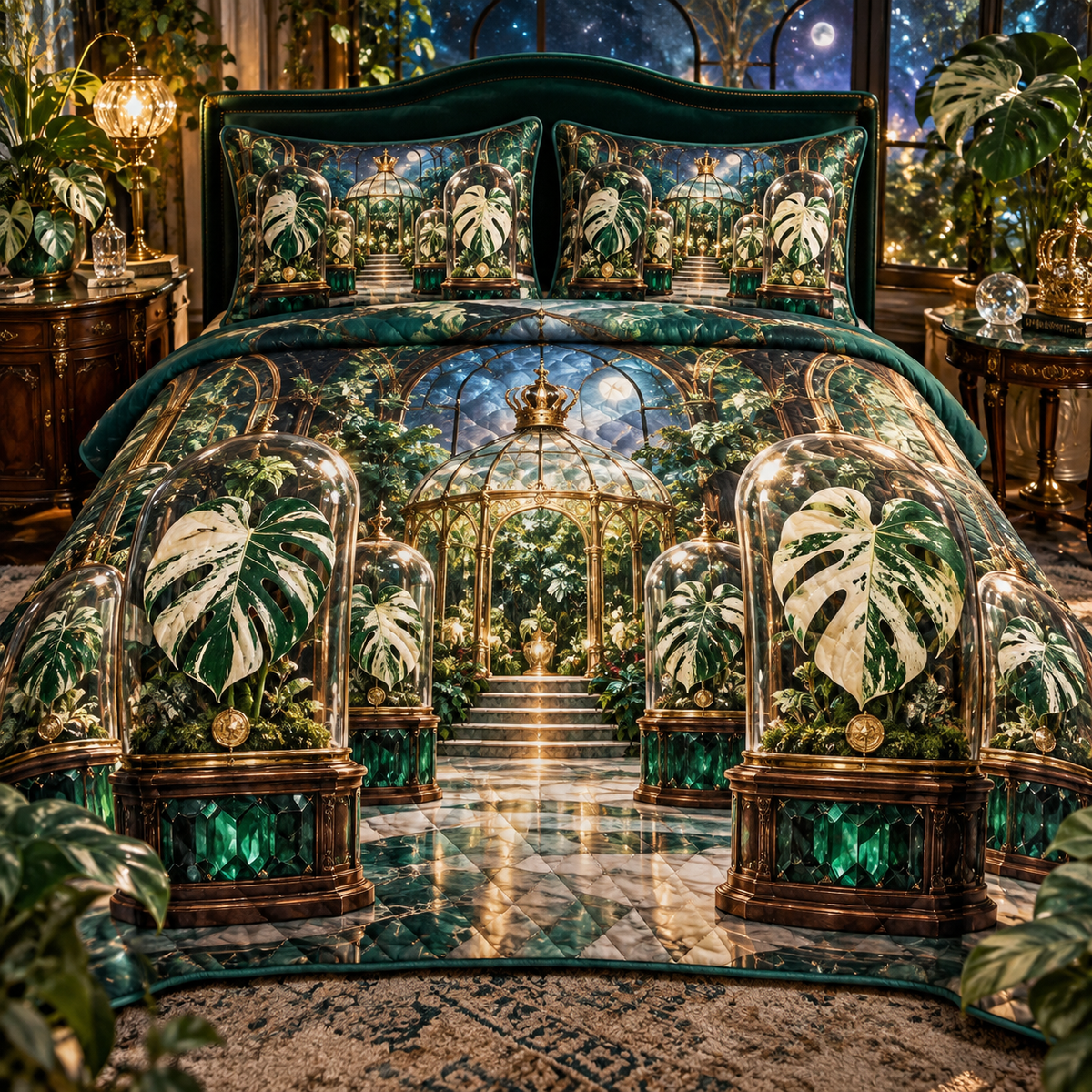 One quilted bedding set with an original Monstera Crownvault Specimen Gallery and deep rare-plant collector illusion.