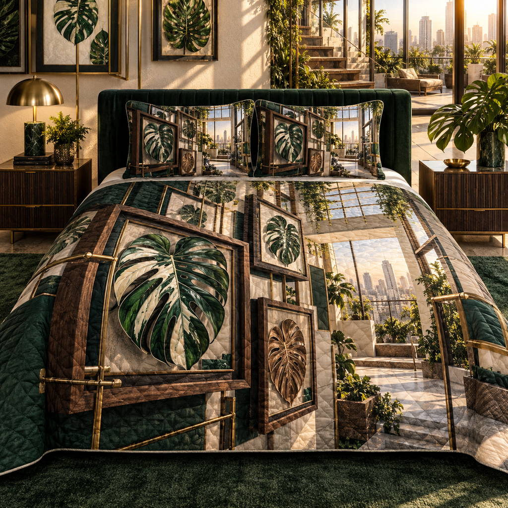 One quilted bedding set with an original Monstera Loftline Shadowbox Atrium and deep apartment gallery-wall illusion.