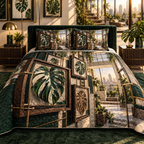 One quilted bedding set with an original Monstera Loftline Shadowbox Atrium and deep apartment gallery-wall illusion.