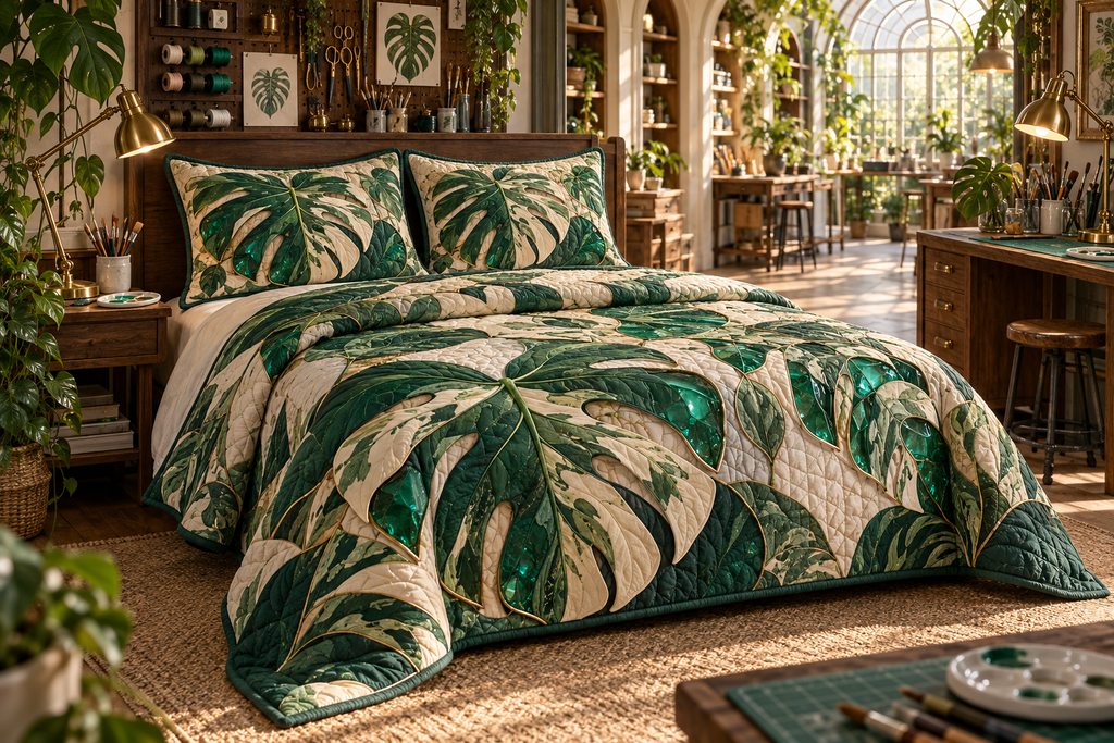 One quilted bedding set with an original Monstera Makerlight Atelier and deep hobby-studio illusion.