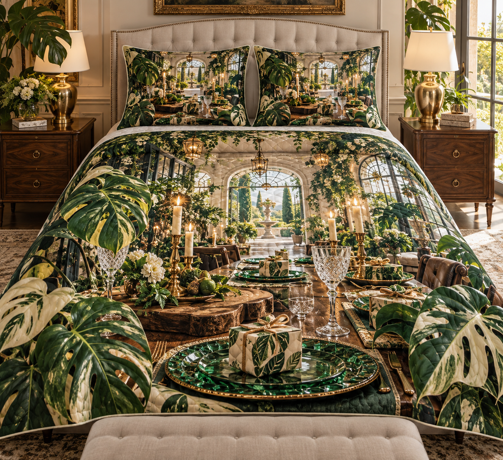 One quilted bedding set with an original Monstera Everwelcome Supper Atrium and deep host-gift illusion.