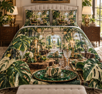 One quilted bedding set with an original Monstera Everwelcome Supper Atrium and deep host-gift illusion.