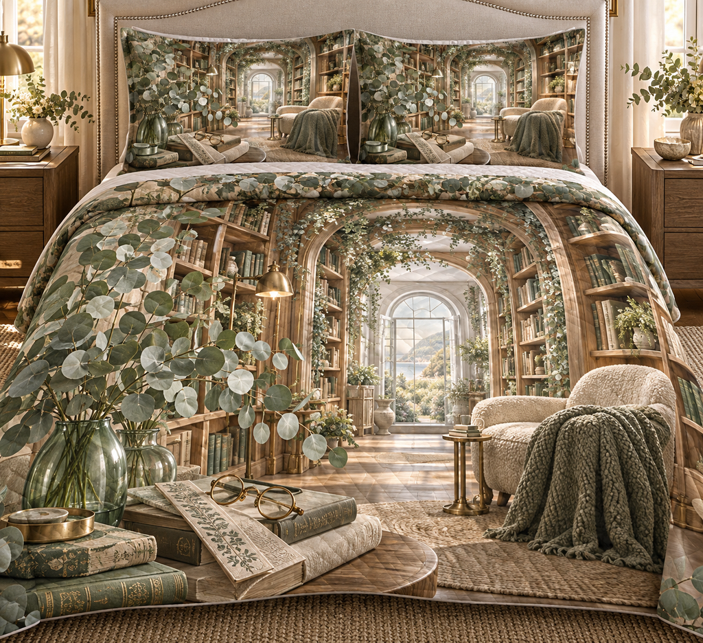 One quilted bedding set with an original Eucalyptus Silverleaf Story Alcove and deep reading-nook illusion.