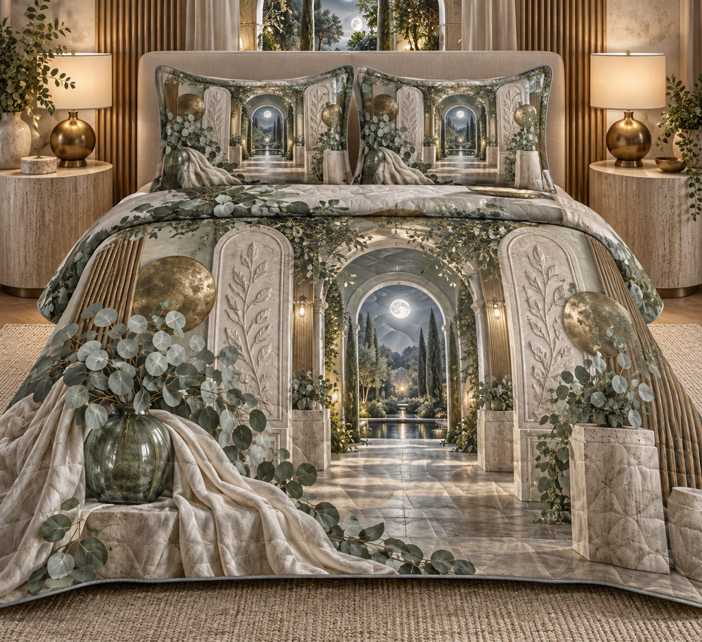 One quilted bedding set with an original Eucalyptus Moonveil Relief Sanctuary and deep bedroom illusion.