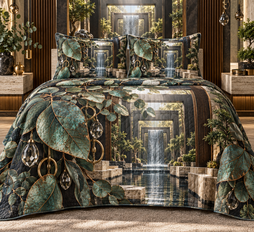One quilted bedding set with an original Eucalyptus Verdigris Cascade Gallery and deep bedroom illusion.