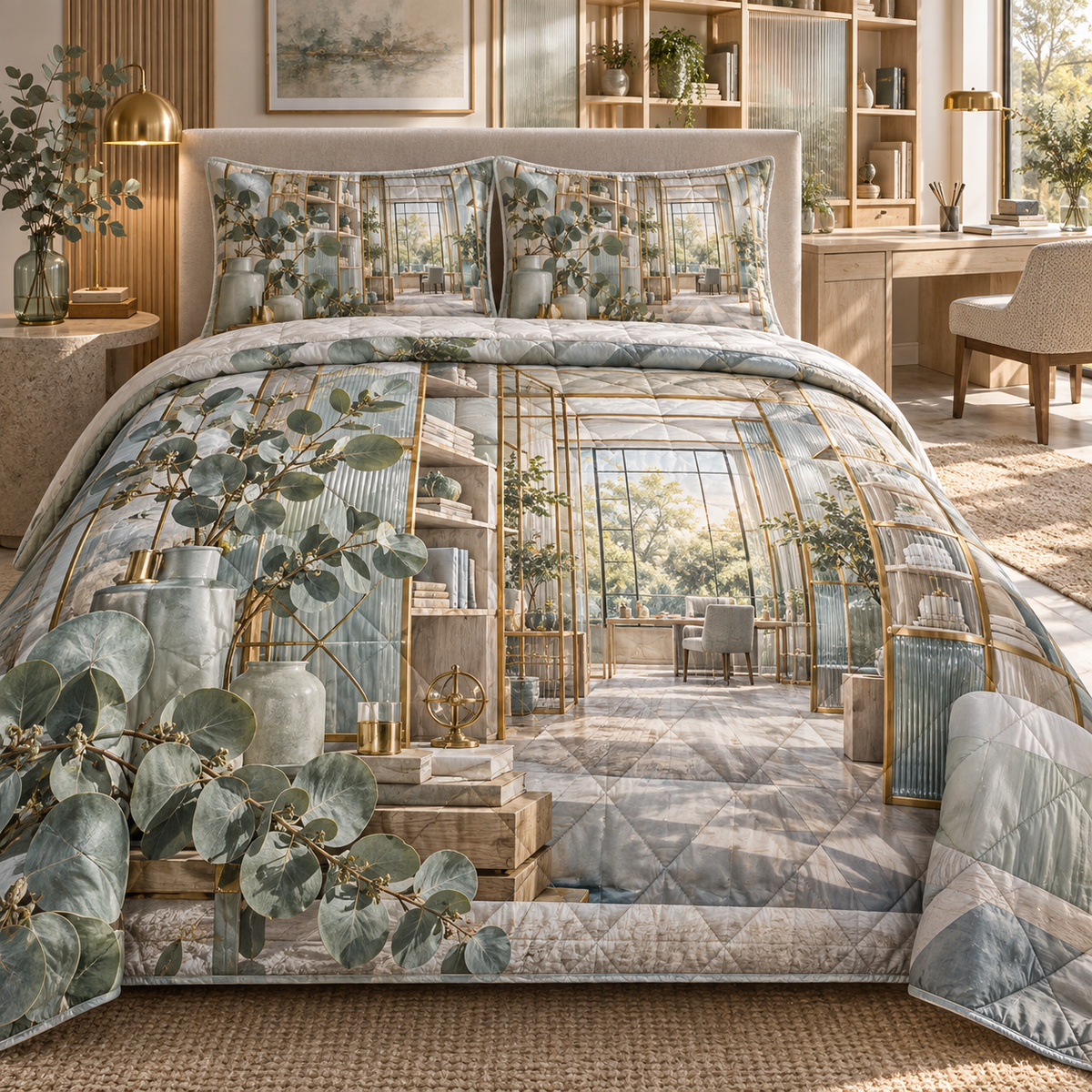 One quilted bedding set with an original Eucalyptus Daybreak Gridwork Studio and deep home-office illusion.