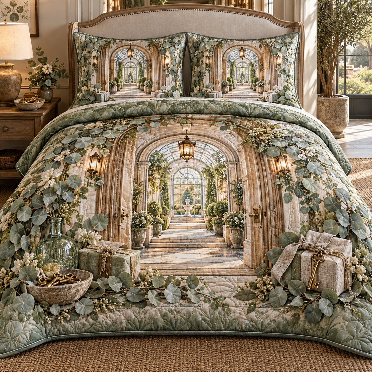 One quilted bedding set with an original Eucalyptus Hearthkey Welcome Conservatory and deep housewarming illusion.